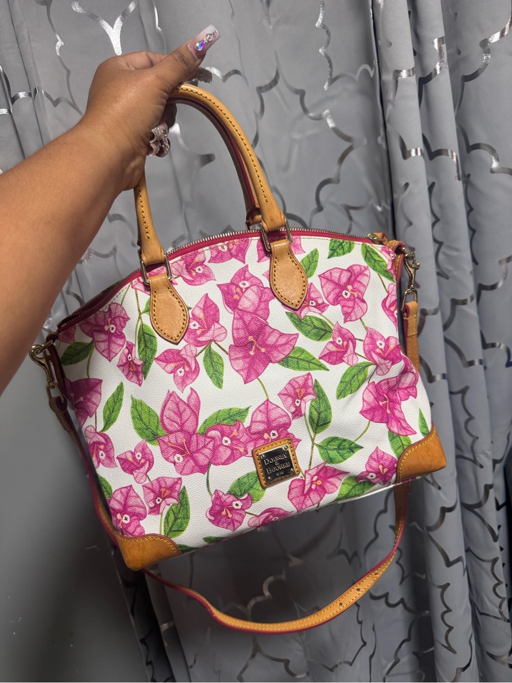 Dooney & Bourke Pink Floral Satchel with Tan Trim